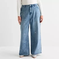 Forever 21 Womens Juniors Low Rise Relaxed Fit Embellished Bow Jean