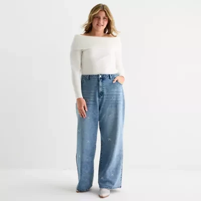 Forever 21 Womens Juniors Low Rise Relaxed Fit Embellished Bow Jean