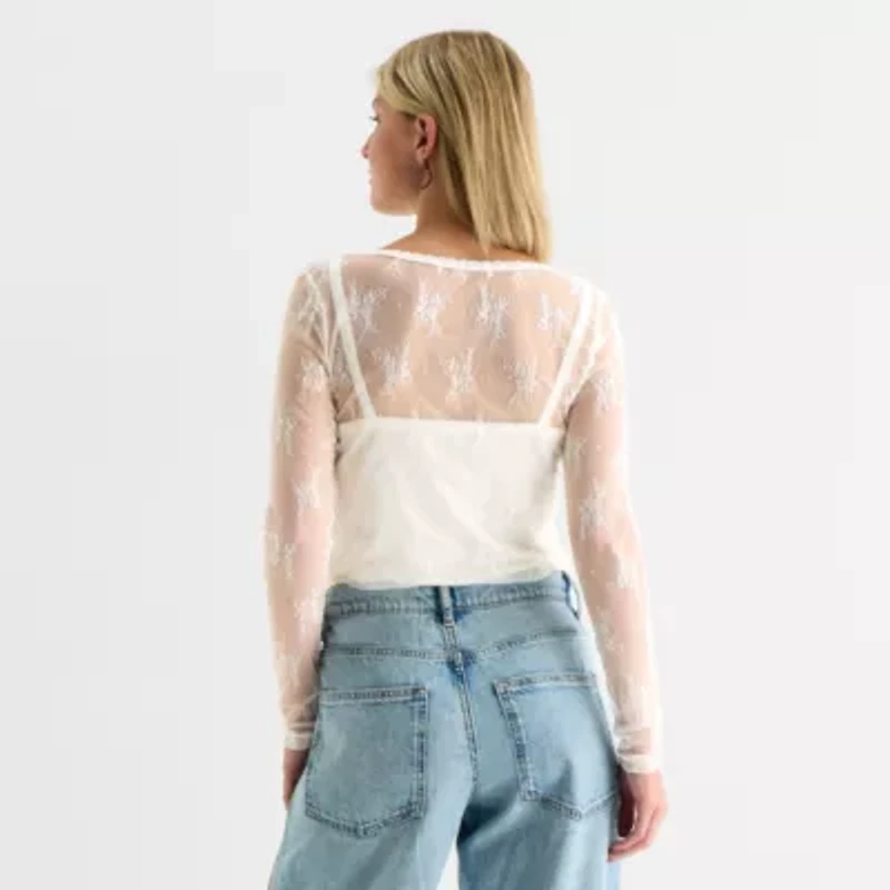 Arizona Womens Juniors Round Neck Long Sleeve Layered Top