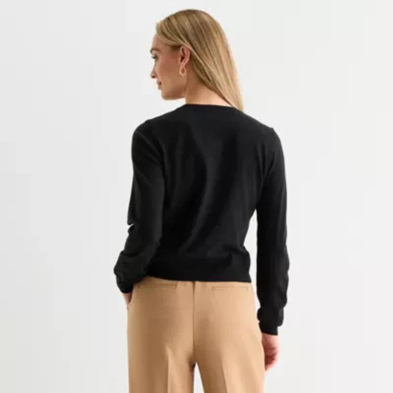 Liz Claiborne Womens Crew Neck Long Sleeve Button Cardigan