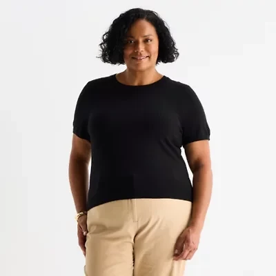 Liz Claiborne Plus Womens Crew Neck Short Sleeve Pullover Sweater