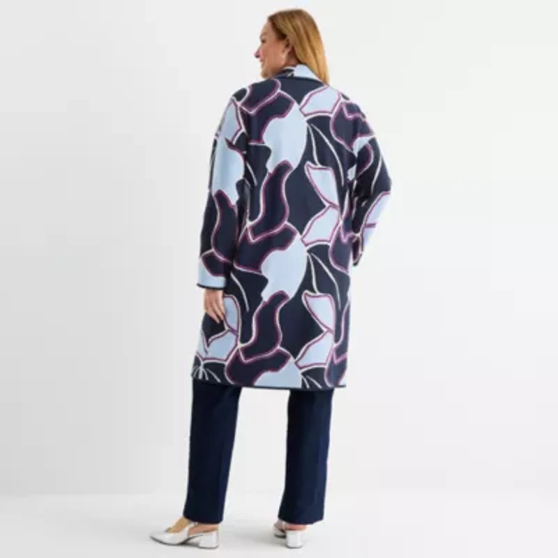 Liz Claiborne Womens Notch Neck Long Sleeve Geometric Layered Sweater Plus