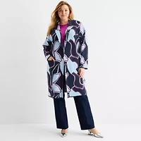 Liz Claiborne Womens Notch Neck Long Sleeve Geometric Layered Sweater Plus