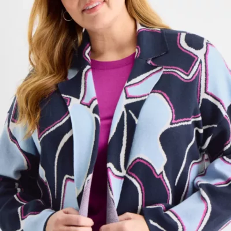 Liz Claiborne Womens Notch Neck Long Sleeve Geometric Layered Sweater Plus