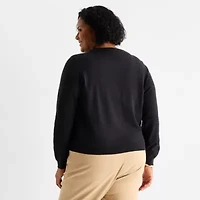 Liz Claiborne Womens Crew Neck Long Sleeve Button Plus Cardigan