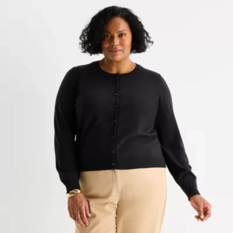 Liz Claiborne Womens Crew Neck Long Sleeve Button Plus Cardigan
