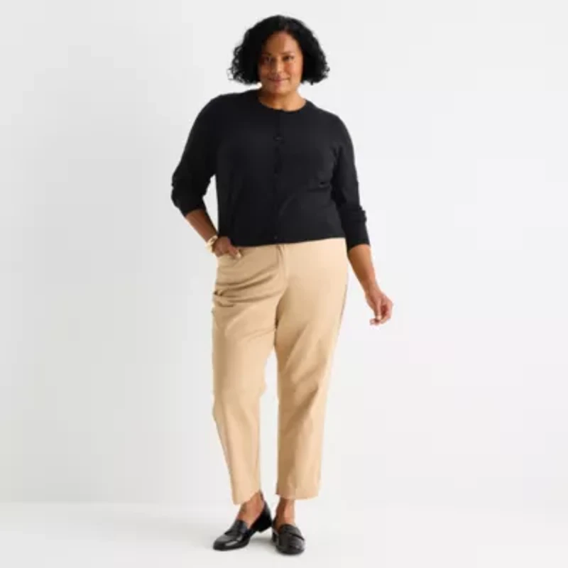 Liz Claiborne Womens Crew Neck Long Sleeve Button Plus Cardigan