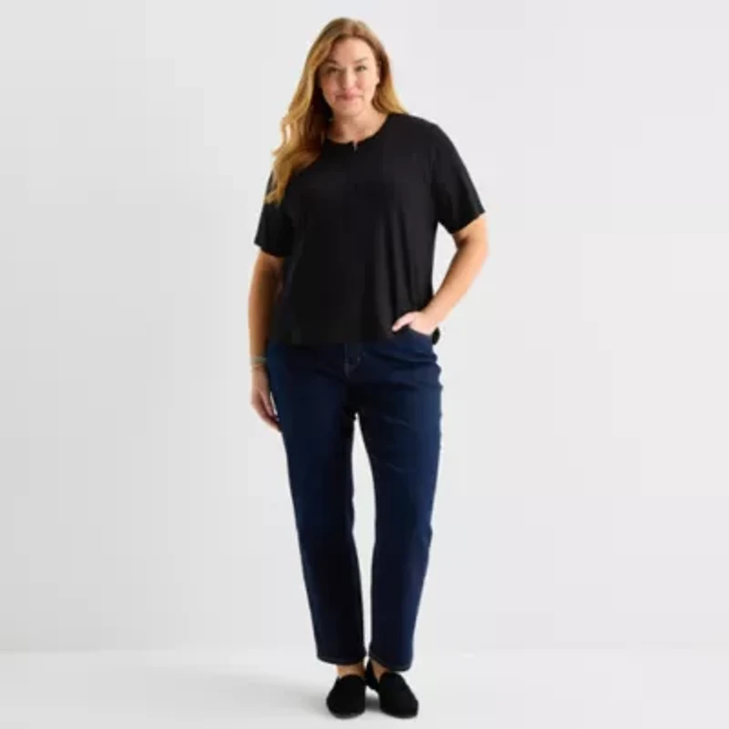 Liz Claiborne Womens Plus Short Sleeve Relaxed Fit Henley Shirt