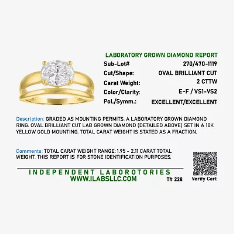 Diamond Addiction (E-F / Vs1-Vs2) Womens 2 CT. T.W. Lab Grown White 10K Gold Solitaire Cocktail Ring