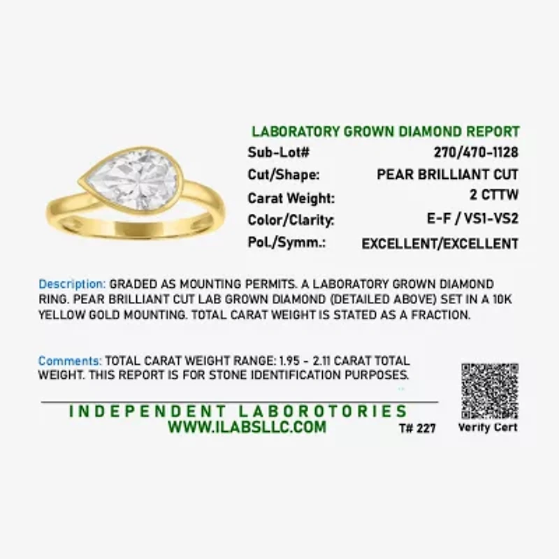 Diamond Addiction E-F / Vs1-Vs2 Womens 2 CT. T.W. Lab Grown White 10K Gold Pear Solitaire Cocktail Ring