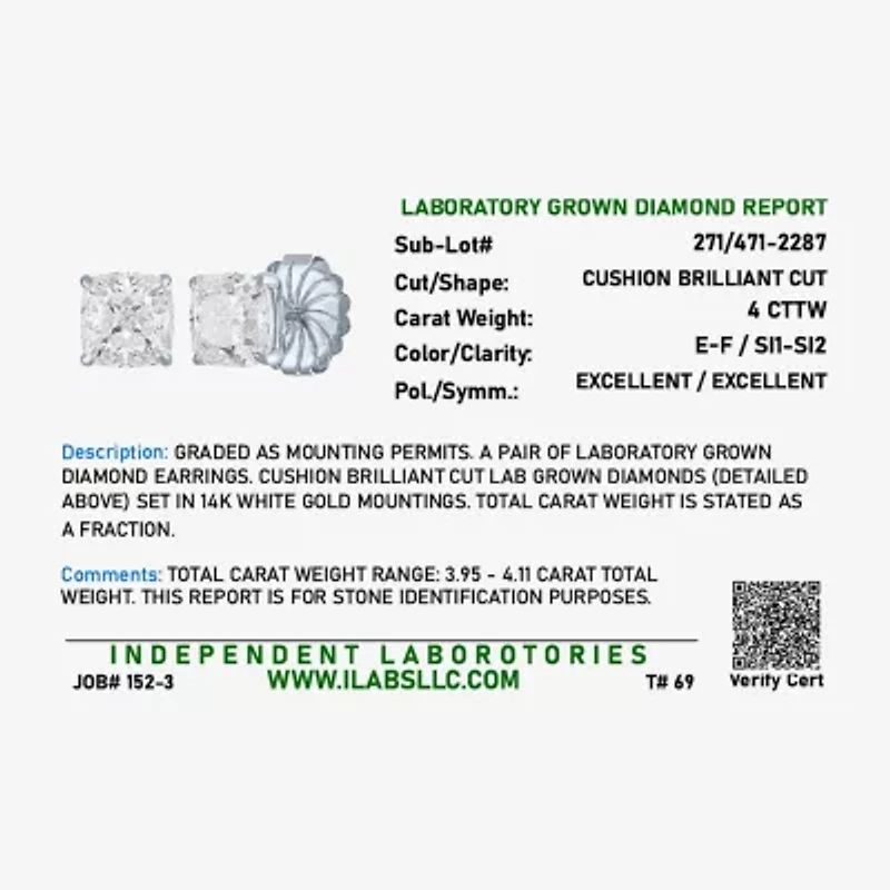( E-F/Si1-Si2 ) 4 CT. T.W. Lab-Grown White Diamond 14K Gold 7mm Cushion Stud Earrings