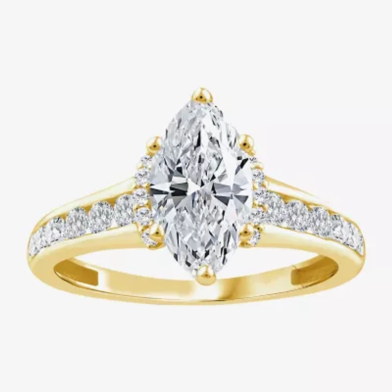 (F,Vs2) Womens 1 1/2 CT. T.W. Lab Grown White Diamond 10K Gold Marquise Side Stone Engagement Ring