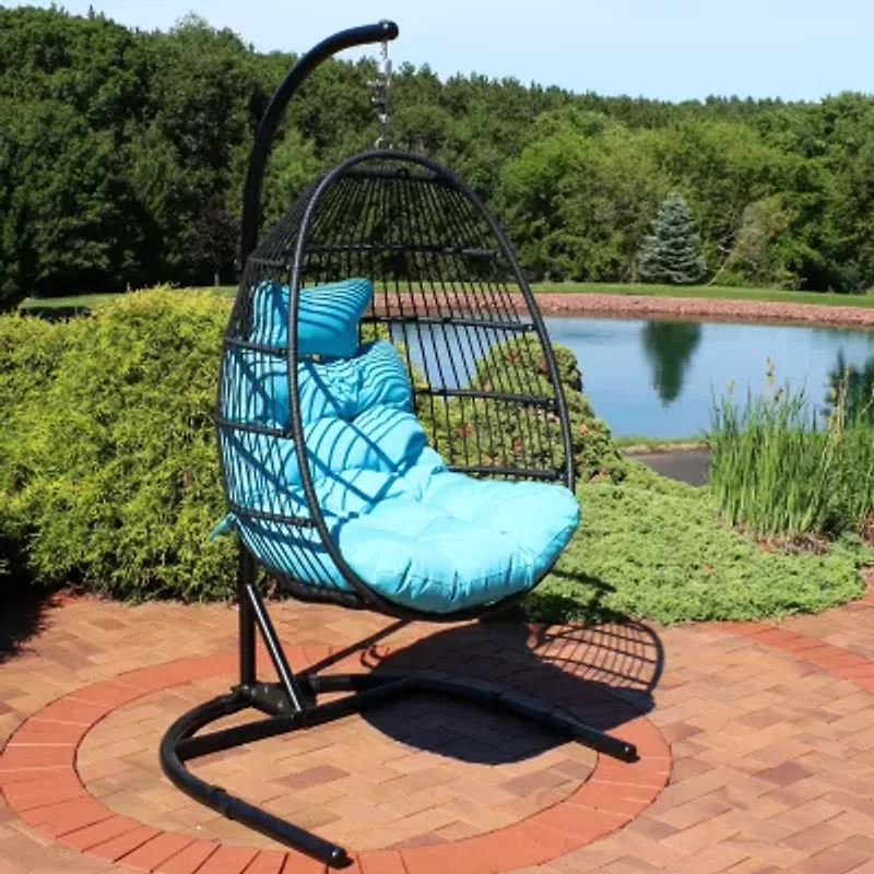 Julia Hanging Egg Chair with Blue Cushion and Stand