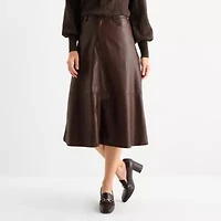 Liz Claiborne Womens Tall Mid Rise Midi Faux Leather A-Line Skirt
