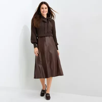 Liz Claiborne Womens Tall Mid Rise Midi Faux Leather A-Line Skirt