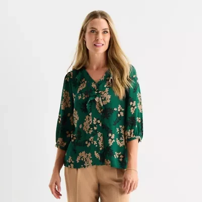 Liz Claiborne Womens V Neck 3/4 Sleeve Blouse