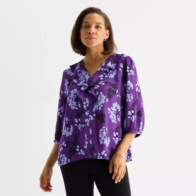 Liz Claiborne Womens V Neck 3/4 Sleeve Blouse