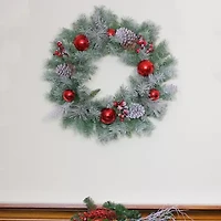 Flocked Pine with Red Ornaments Artificial Christmas Wreath  24-Inch  Unlit
