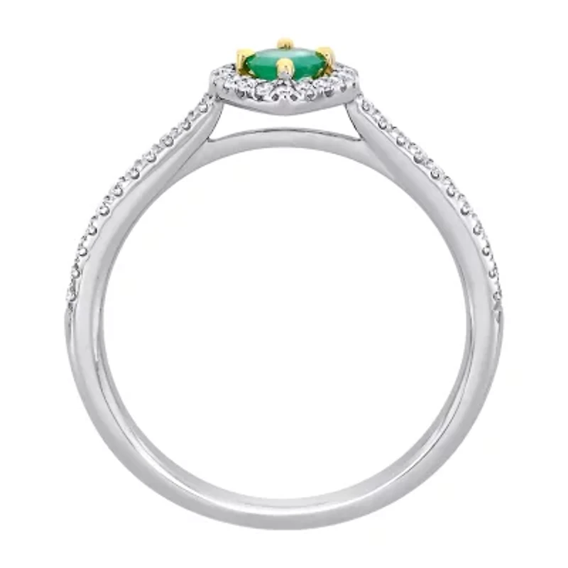 Womens 1/5 CT. Genuine Green Emerald 14K Two Tone Gold Halo Cocktail Ring