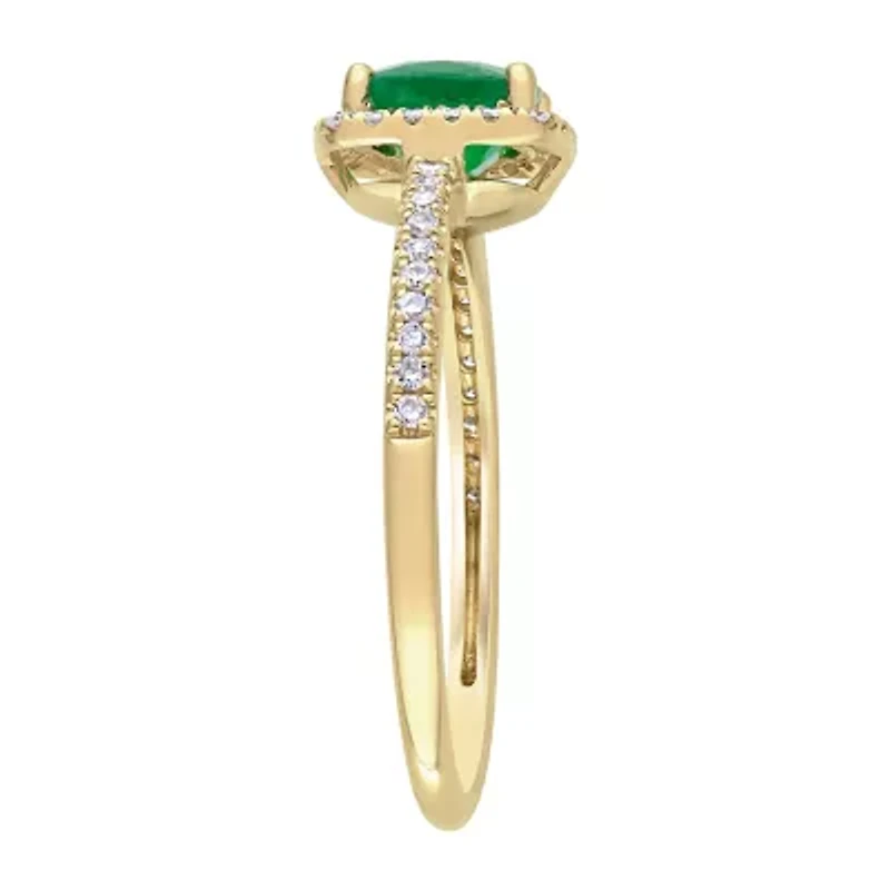 Womens 1/5 CT. Genuine Green Emerald 14K Gold Halo Cocktail Ring