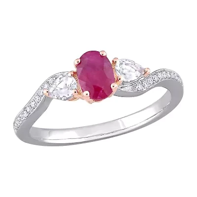 Womens Diamond Accent Lead Glass-Filled Red Ruby 14K Two Tone Gold 3-Stone Cocktail Ring