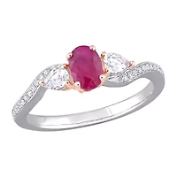 Womens Diamond Accent Lead Glass-Filled Red Ruby 14K Two Tone Gold 3-Stone Cocktail Ring