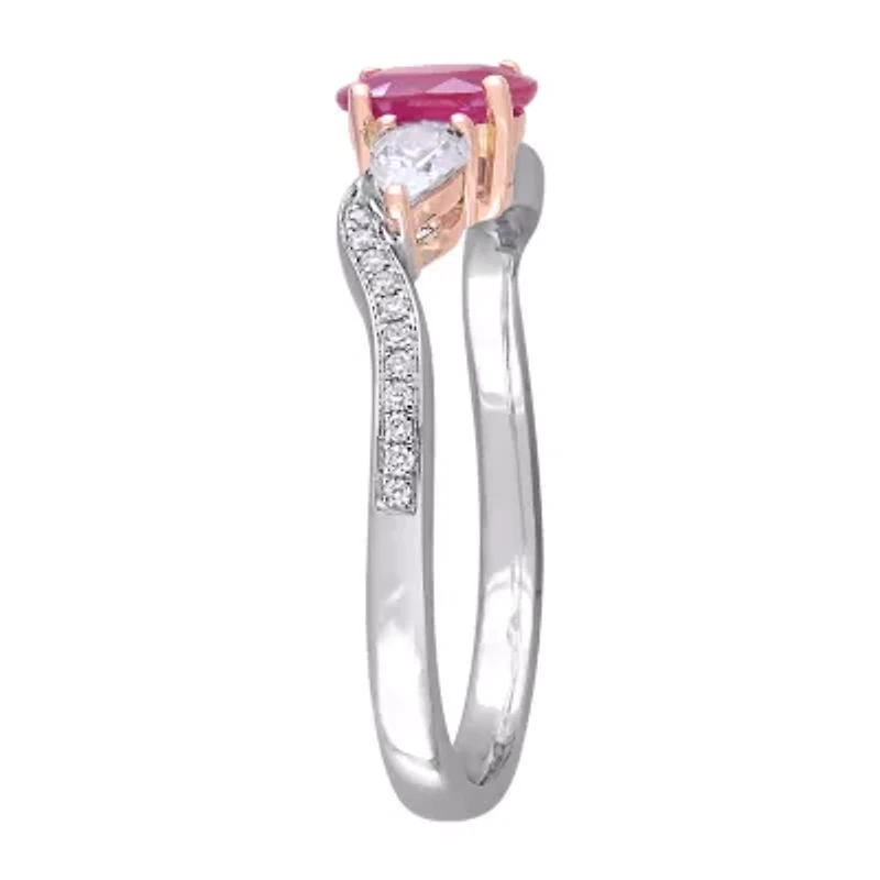 Womens Diamond Accent Lead Glass-Filled Red Ruby 14K Two Tone Gold 3-Stone Cocktail Ring