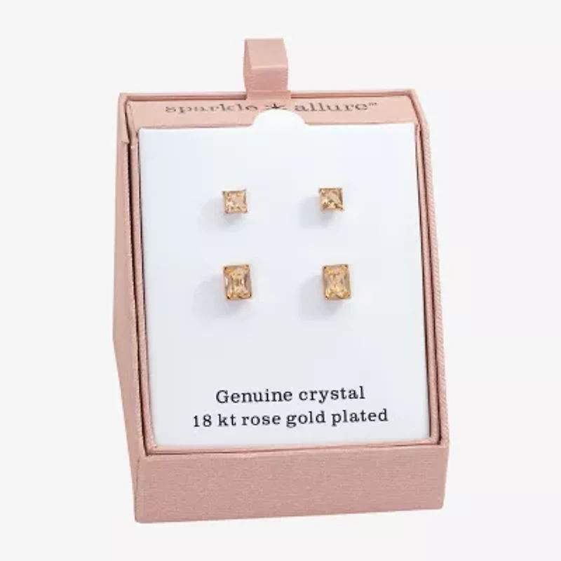 Sparkle Allure Womens Pink Crystal 18K Rose Gold Over Brass Square 2 Pair Earring Set