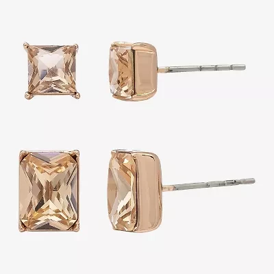 Sparkle Allure Womens Pink Crystal 18K Rose Gold Over Brass Square 2 Pair Earring Set