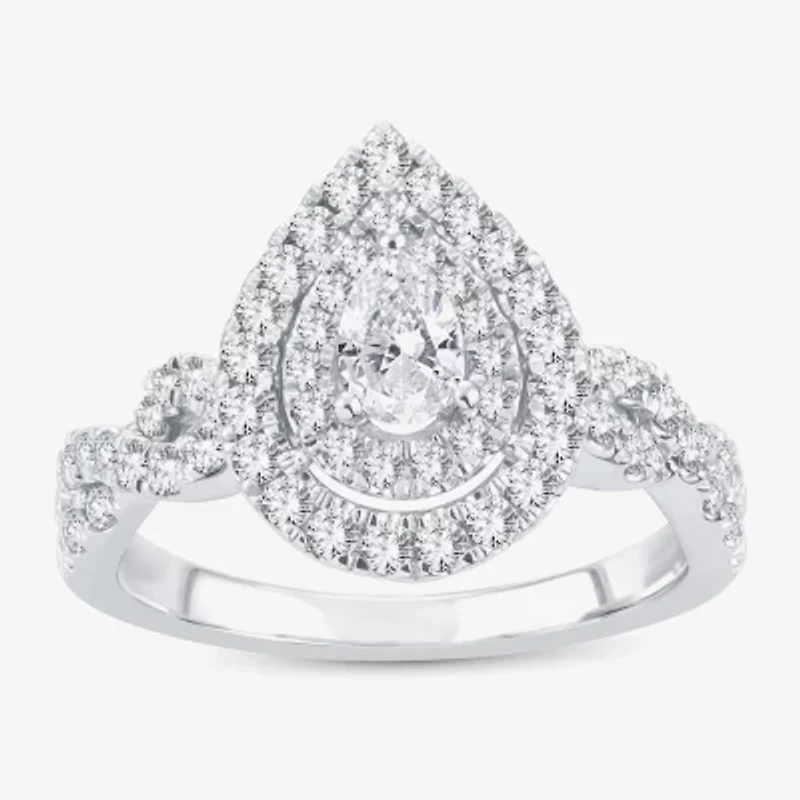 (H-I / I1) 1 CT. T.W. Lab Grown Diamond Pear Shape Side Stone Halo Engagement Ring 10K or 14K White Gold