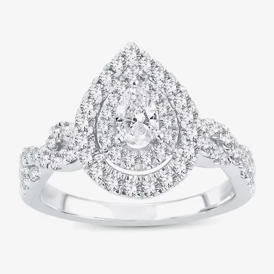 (H-I / I1) 1 CT. T.W. Lab Grown Diamond Pear Shape Side Stone Halo Engagement Ring 10K or 14K White Gold