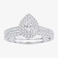 1/2 CT.T.W. Natural Diamond Pear Shape Side Stone Halo Bridal Set 10K or 14K White Gold