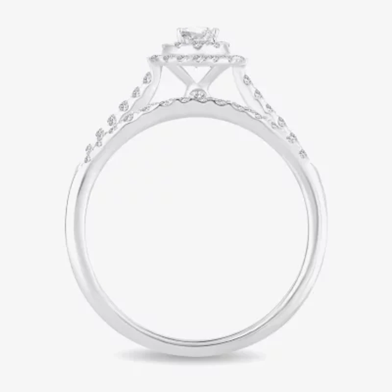 1/2 CT.T.W. Natural Diamond Pear Shape Side Stone Halo Bridal Set 10K or 14K White Gold