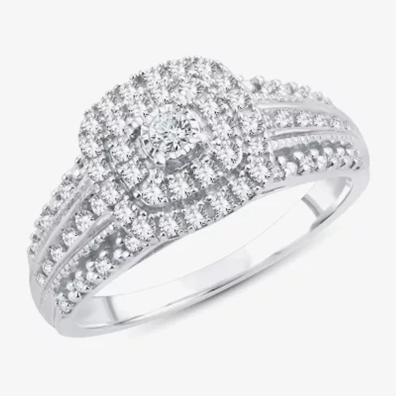 1/2 CT.T.W. Natural Diamond Cushion Shape Side Stone Halo Engagement Ring 10K or 14K White Gold
