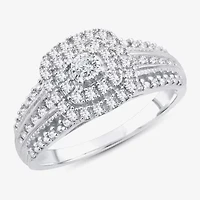 1/2 CT.T.W. Natural Diamond Cushion Shape Side Stone Halo Engagement Ring 10K or 14K White Gold