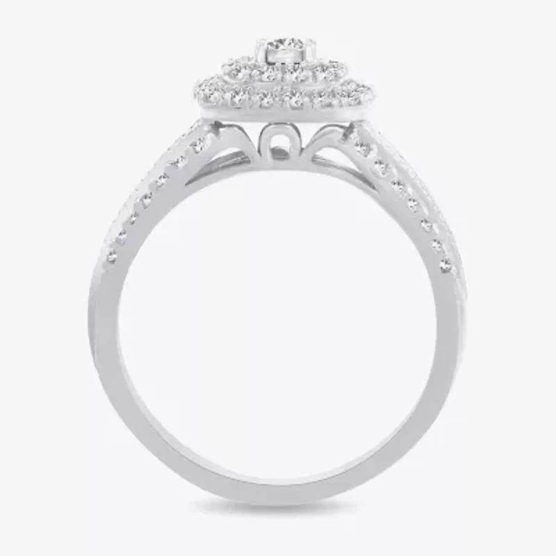1/2 CT.T.W. Natural Diamond Cushion Shape Side Stone Halo Engagement Ring 10K or 14K White Gold