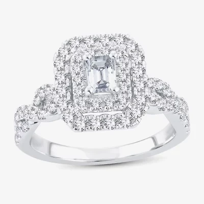 (H-I / I1) 1 CT. T.W. Lab Grown Diamond Cushion Shape Side Stone Halo Engagement Ring 10K or 14K White Gold