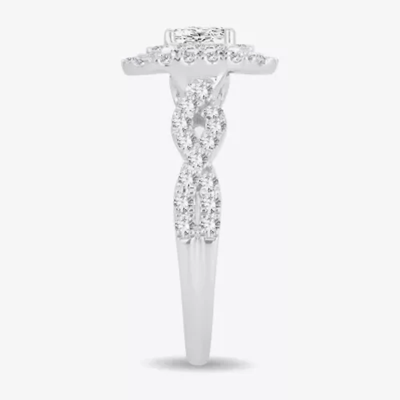 (H-I / I1) 1 CT. T.W. Lab Grown Diamond Cushion Shape Side Stone Halo Engagement Ring 10K or 14K White Gold