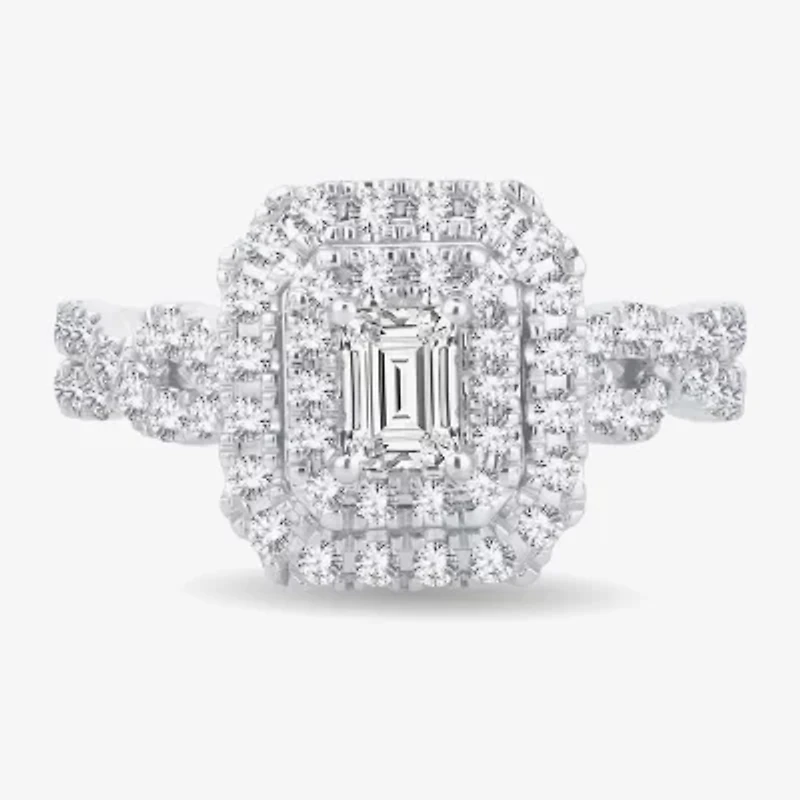 (H-I / I1) 1 CT. T.W. Lab Grown Diamond Cushion Shape Side Stone Halo Engagement Ring 10K or 14K White Gold