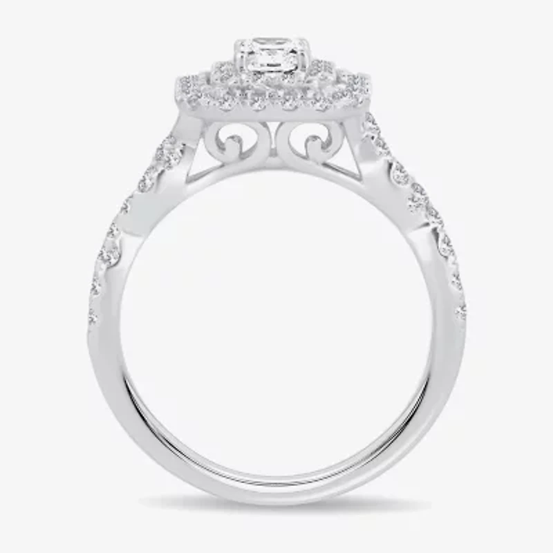 (H-I / I1) 1 CT. T.W. Lab Grown Diamond Cushion Shape Side Stone Halo Engagement Ring 10K or 14K White Gold