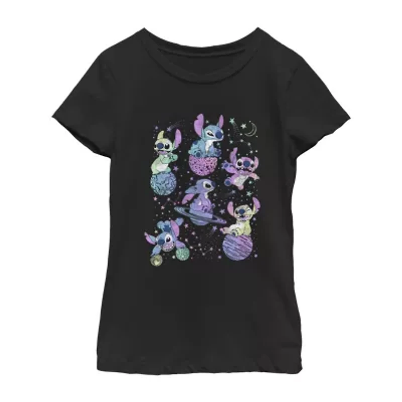 Disney Little & Big Kid Girls Crew Neck Short Sleeve Regular Fit Lilo Stitch Graphic T-Shirt