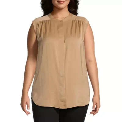 Worthington Plus Womens Y Neck Sleeveless Tunic Top