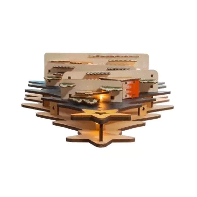 Kurt Adler Wooden Tree With Village Scene Lighted Christmas Tabletop Decor