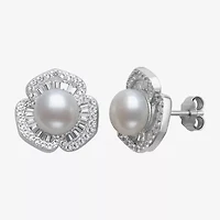 Womens White Cultured Freshwater Pearl Sterling Silver Flower Drop Earrings