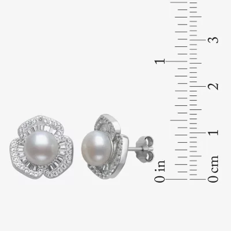 Womens White Cultured Freshwater Pearl Sterling Silver Flower Drop Earrings