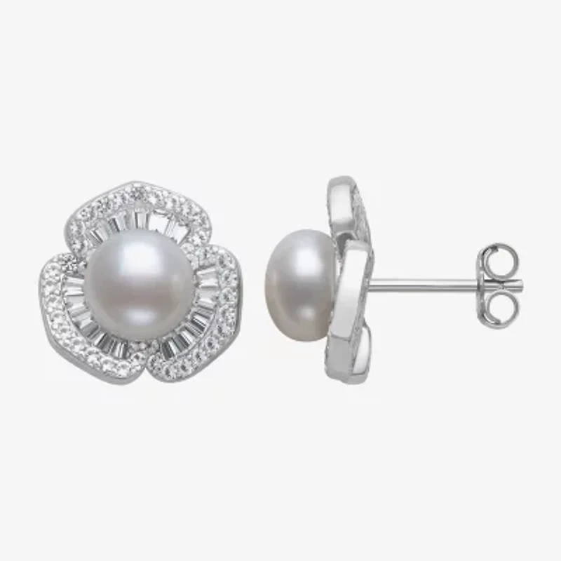 Womens White Cultured Freshwater Pearl Sterling Silver Flower Drop Earrings