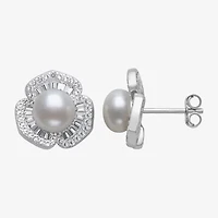 Womens White Cultured Freshwater Pearl Sterling Silver Flower Drop Earrings