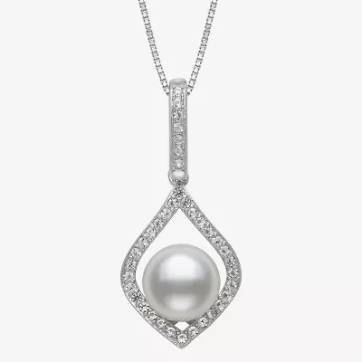 Womens White Cultured Freshwater Pearl Sterling Silver Diamond Pear 18 Inch Pendant Necklace