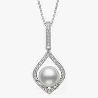 Womens White Cultured Freshwater Pearl Sterling Silver Diamond Pear 18 Inch Pendant Necklace