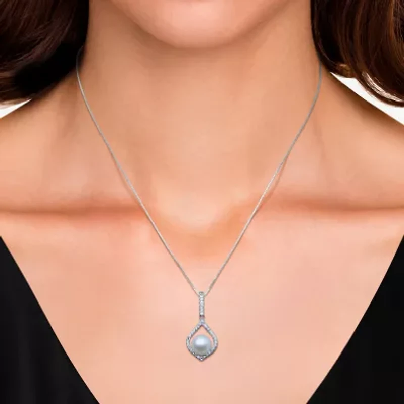 Womens White Cultured Freshwater Pearl Sterling Silver Diamond Pear 18 Inch Pendant Necklace